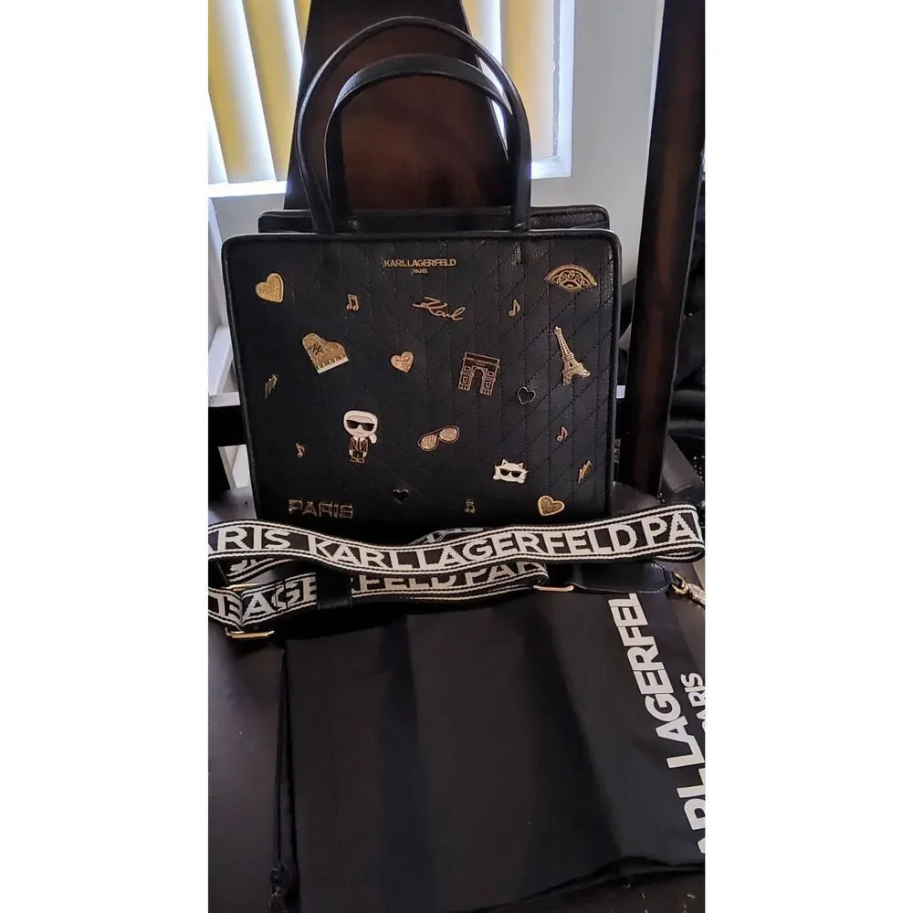 NWT~KARL LAGERFELD Women's Black/Gold Maybelle Pins Satchel Handbag Purse